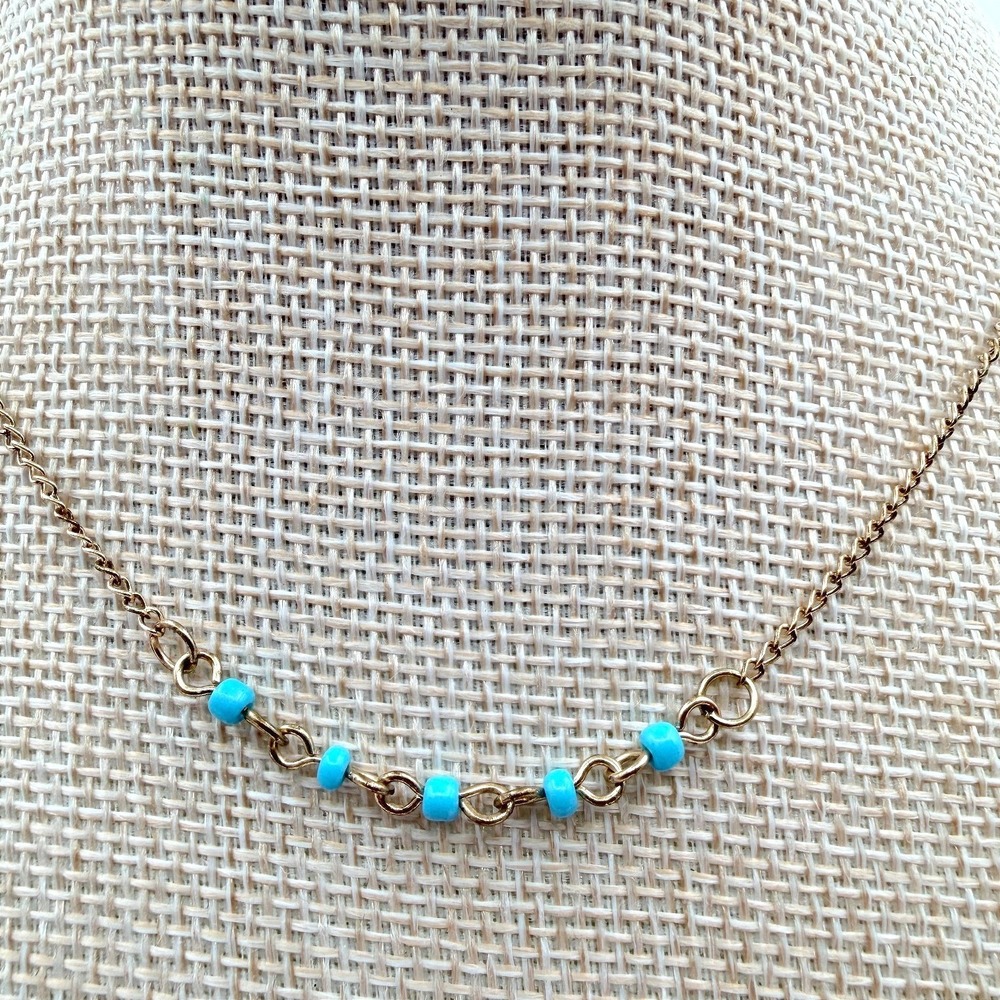 Vintage 90s Gold Tone Necklace Turquoise Blue Glass Bead Minimalist Boho Jewelry